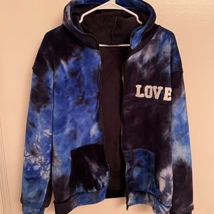 Blue/Black/White Fleece lined velvet zip up. Women’s L/XL.